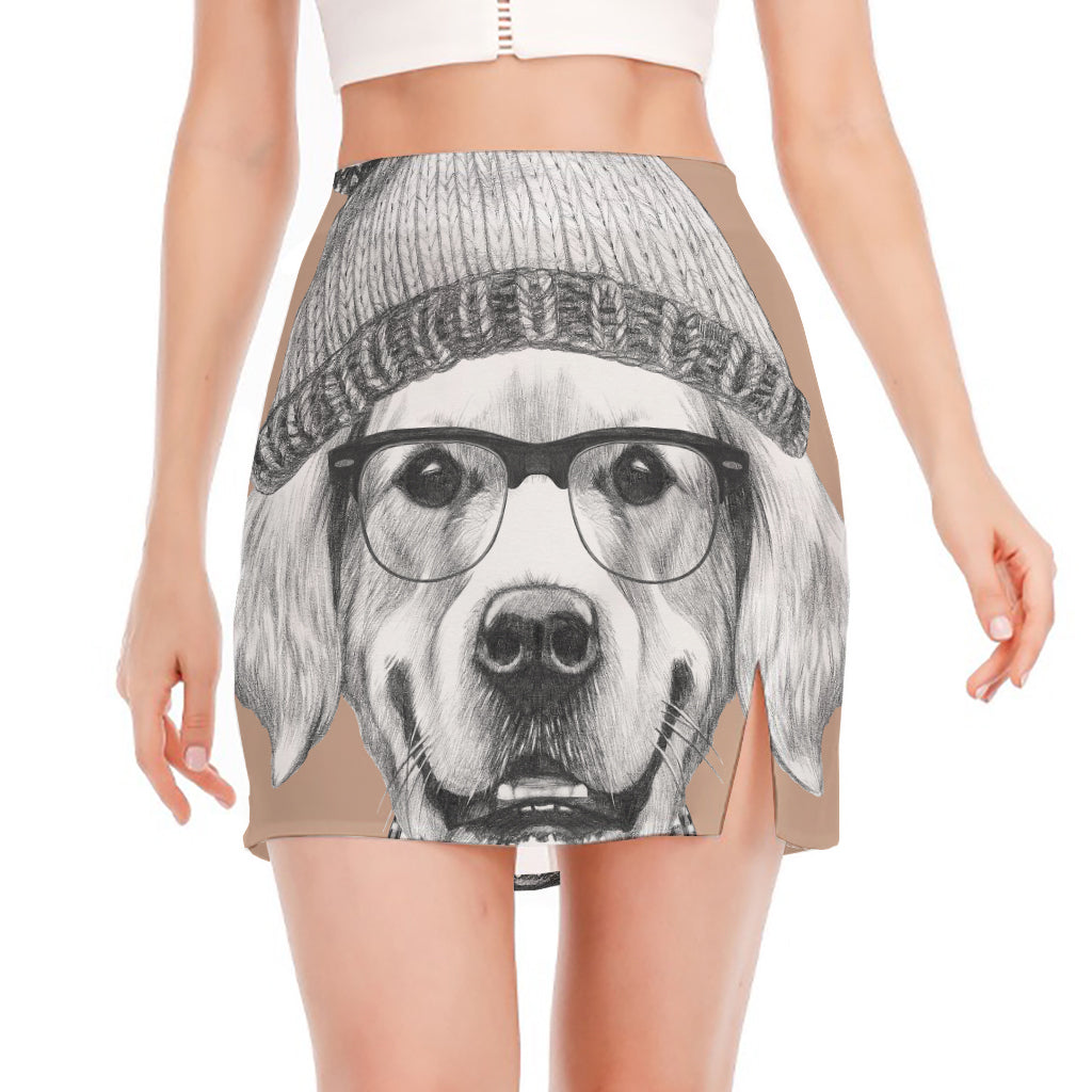 Hipster Golden Retriever Print Side Slit Mini Skirt