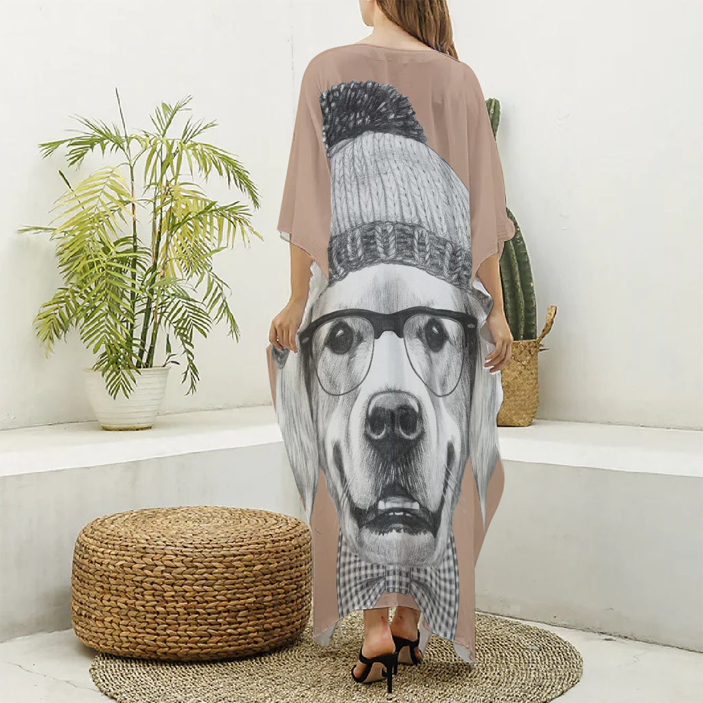 Hipster Golden Retriever Print Silk V-Neck Kaftan Dress