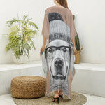 Hipster Golden Retriever Print Silk V-Neck Kaftan Dress