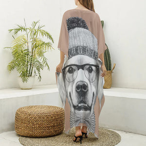 Hipster Golden Retriever Print Silk V-Neck Kaftan Dress