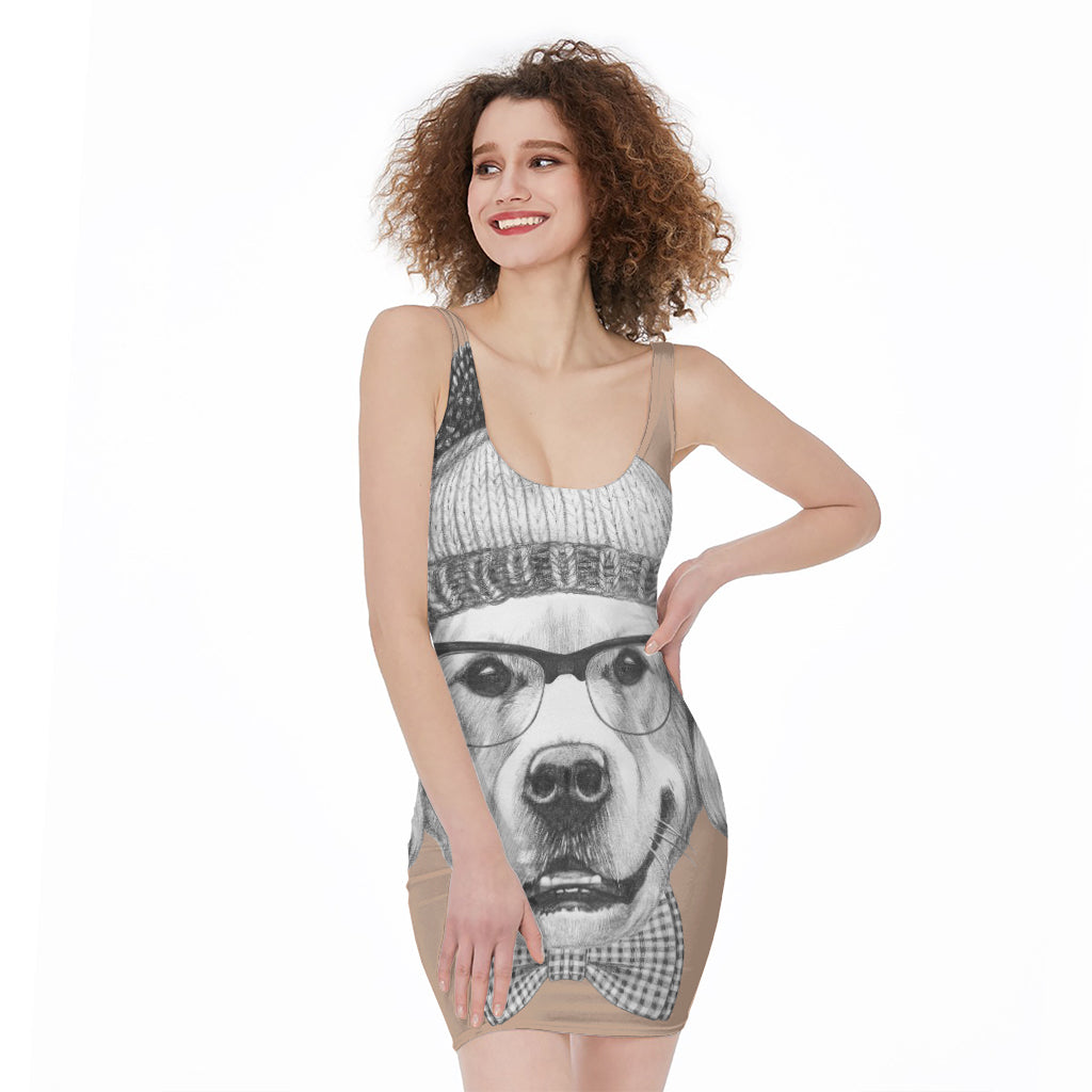 Hipster Golden Retriever Print Sleeveless Bodycon Dress