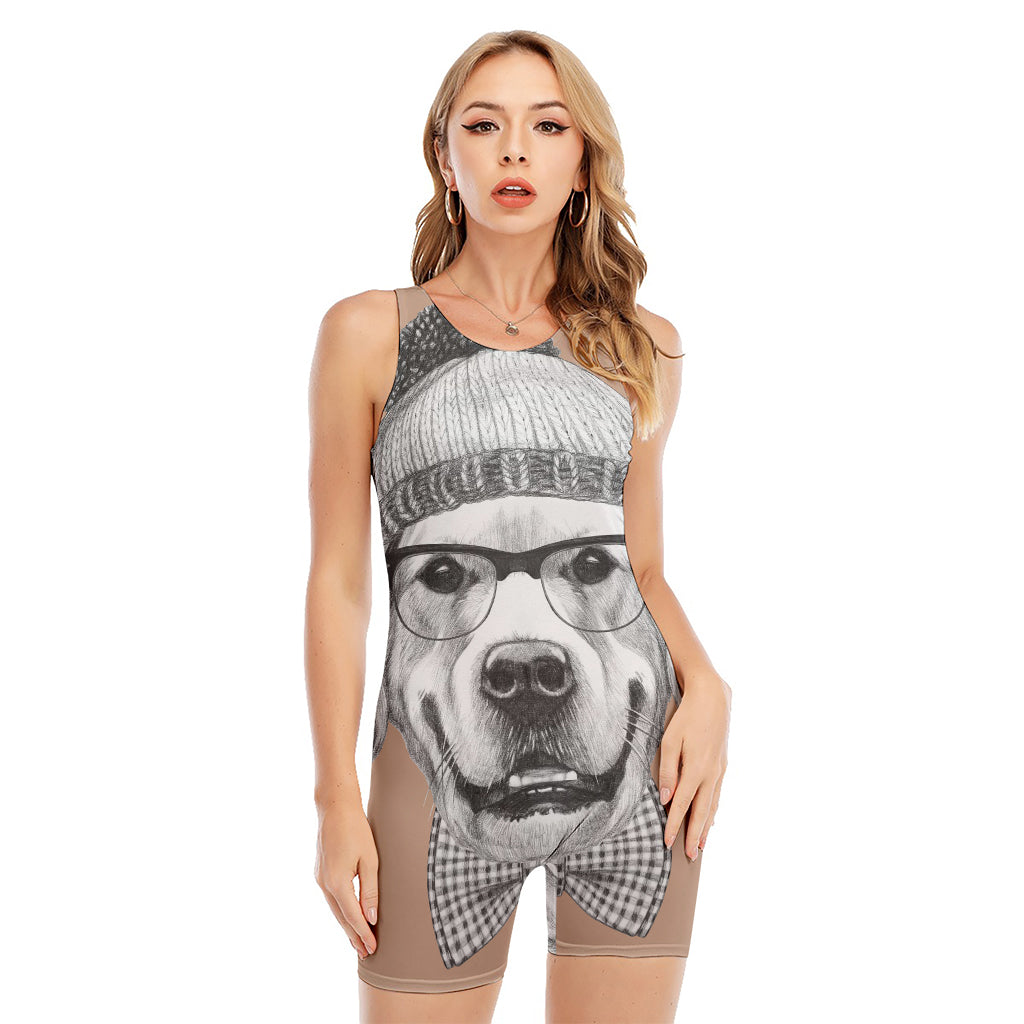 Hipster Golden Retriever Print Sleeveless One Piece Swimsuit