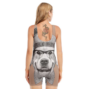 Hipster Golden Retriever Print Sleeveless One Piece Swimsuit