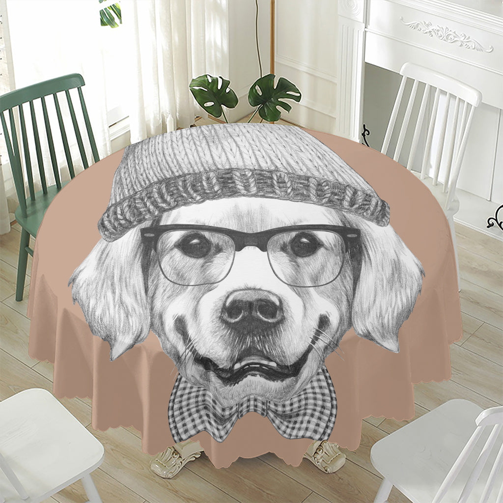 Hipster Golden Retriever Print Waterproof Round Tablecloth