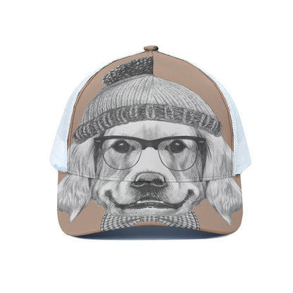 Hipster Golden Retriever Print White Mesh Trucker Cap
