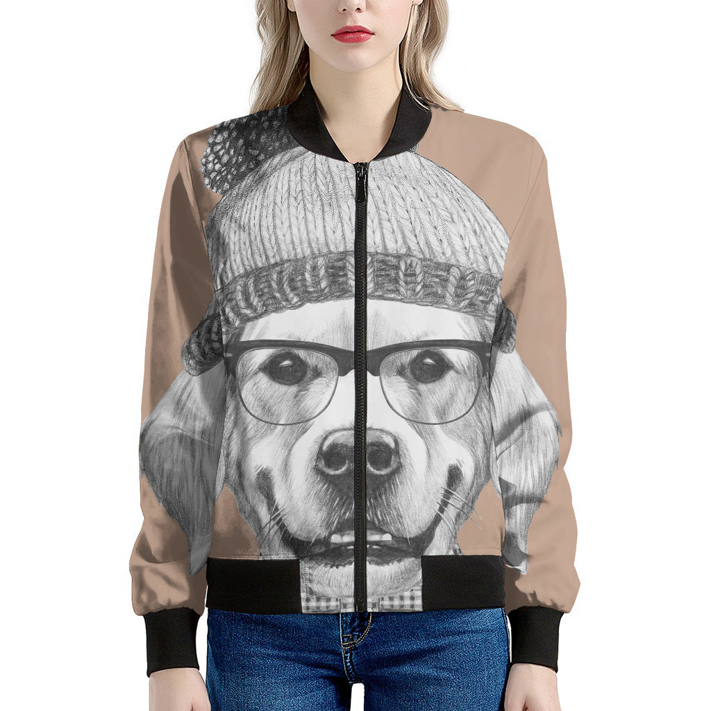 Hipster Golden Retriever Print Women's Bomber Jacket