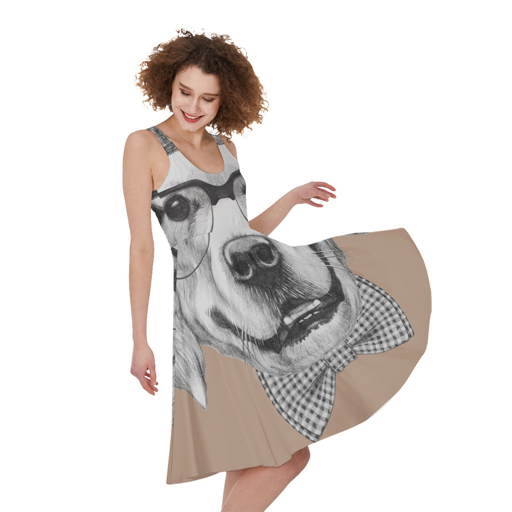 Hipster Golden Retriever Print Women's Sleeveless Dress