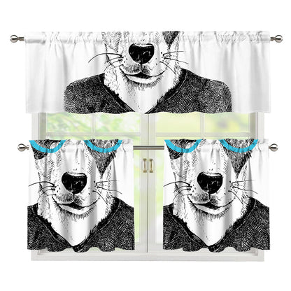 Hipster Jack Russell Terrier Print 3 Piece Kitchen Curtains