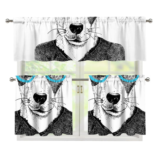 Hipster Jack Russell Terrier Print 3 Piece Kitchen Curtains