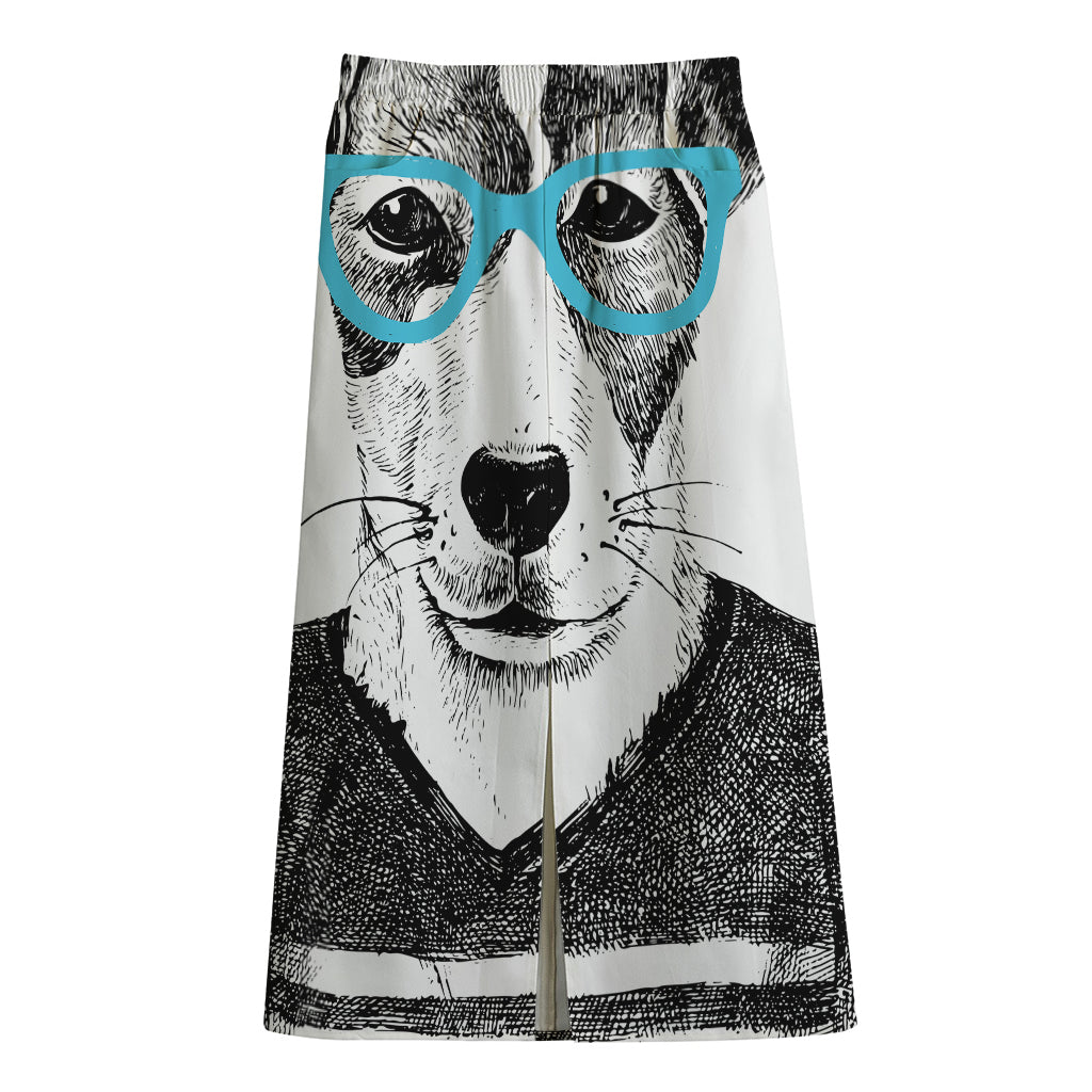 Hipster Jack Russell Terrier Print Cotton Front Slit Maxi Skirt