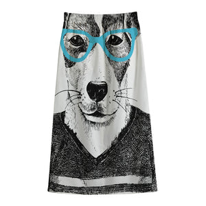 Hipster Jack Russell Terrier Print Cotton Front Slit Maxi Skirt