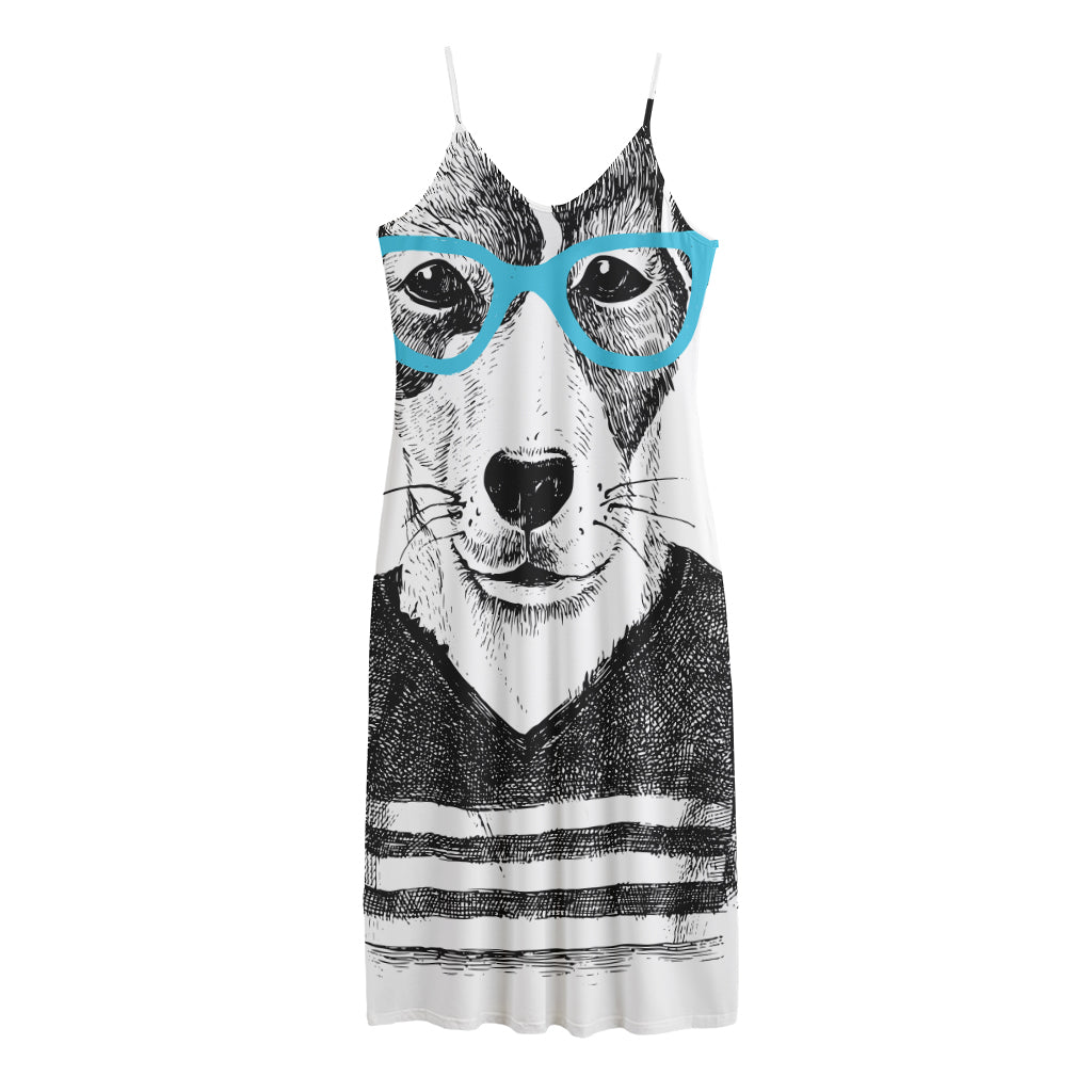 Hipster Jack Russell Terrier Print Jersey Midi Cami Dress
