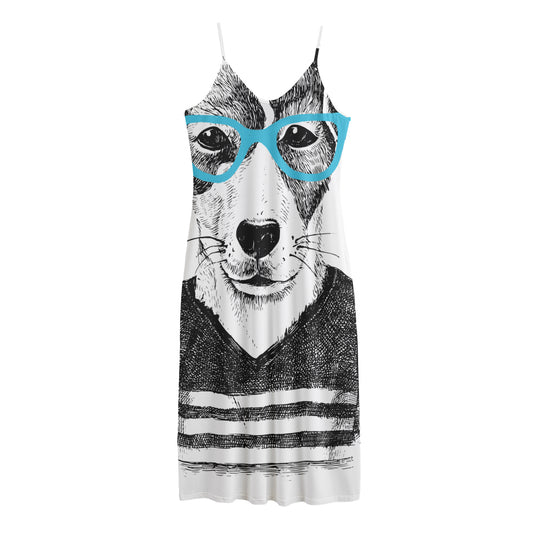 Hipster Jack Russell Terrier Print Jersey Midi Cami Dress