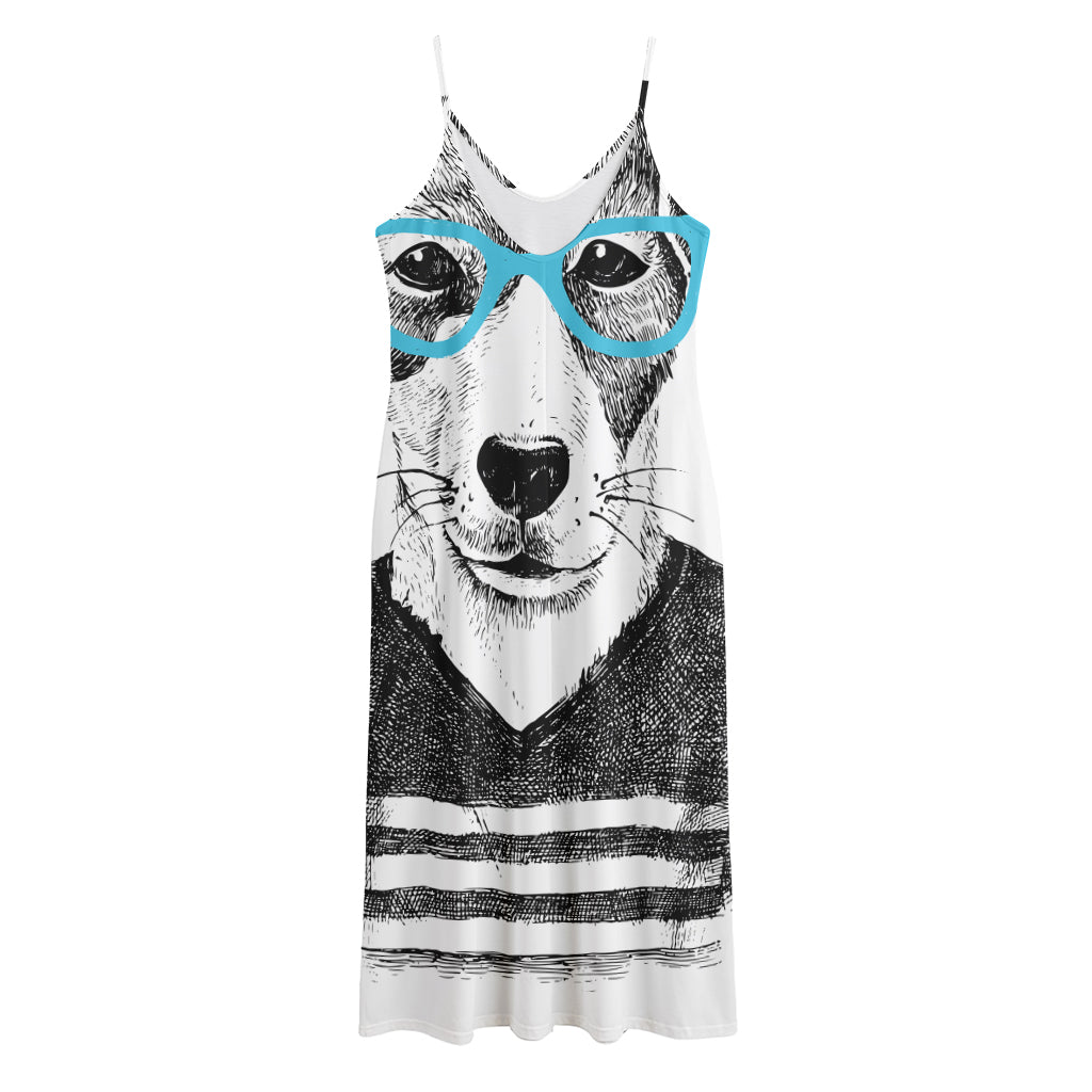 Hipster Jack Russell Terrier Print Jersey Midi Cami Dress