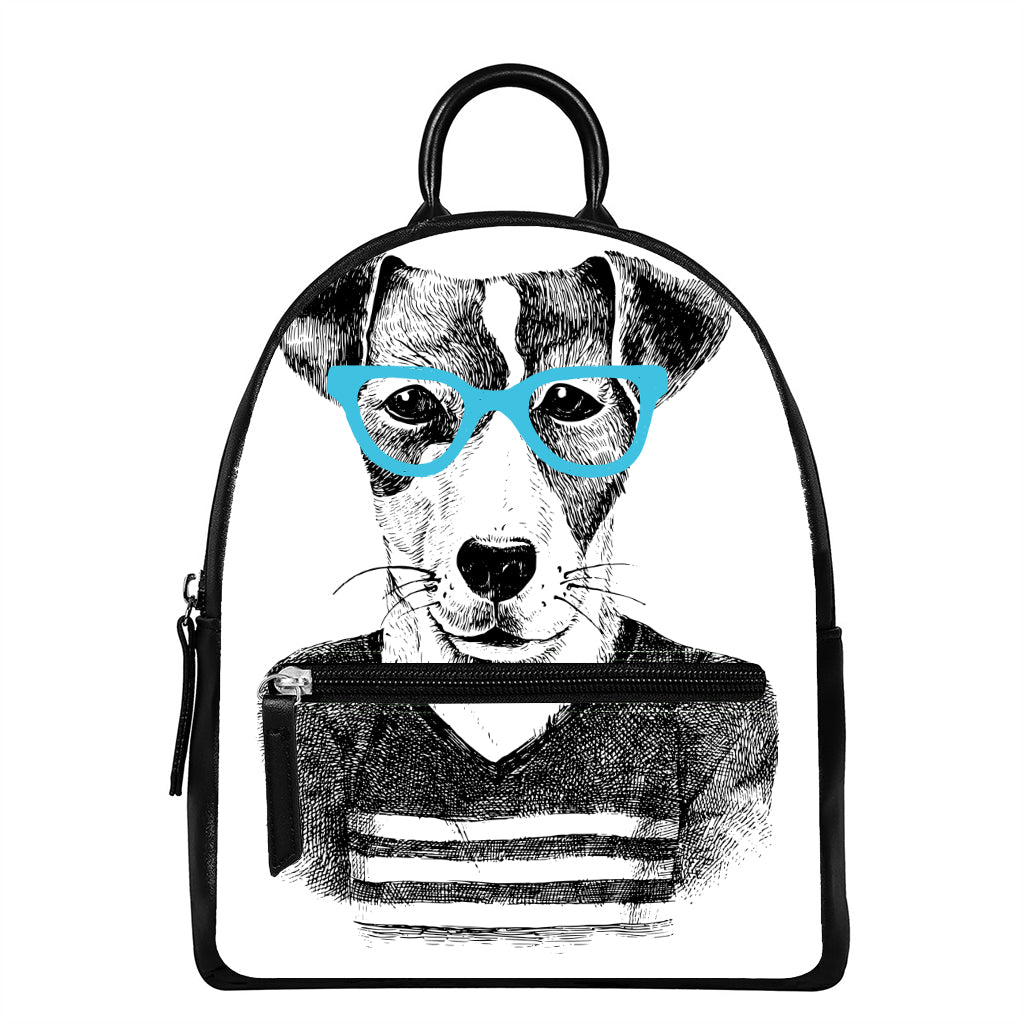 Hipster Jack Russell Terrier Print Leather Backpack