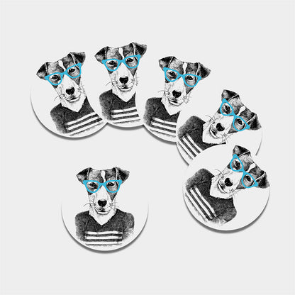 Hipster Jack Russell Terrier Print Leather Coaster Set