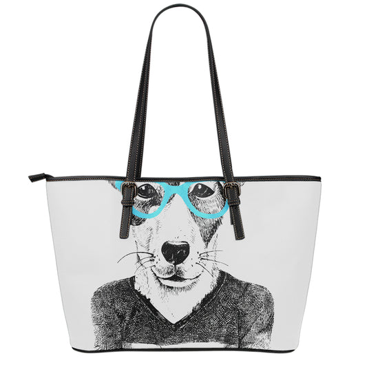 Hipster Jack Russell Terrier Print Leather Tote Bag