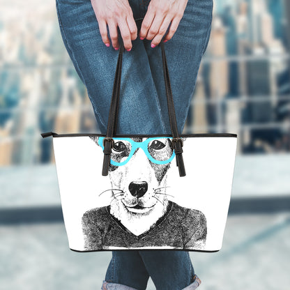 Hipster Jack Russell Terrier Print Leather Tote Bag