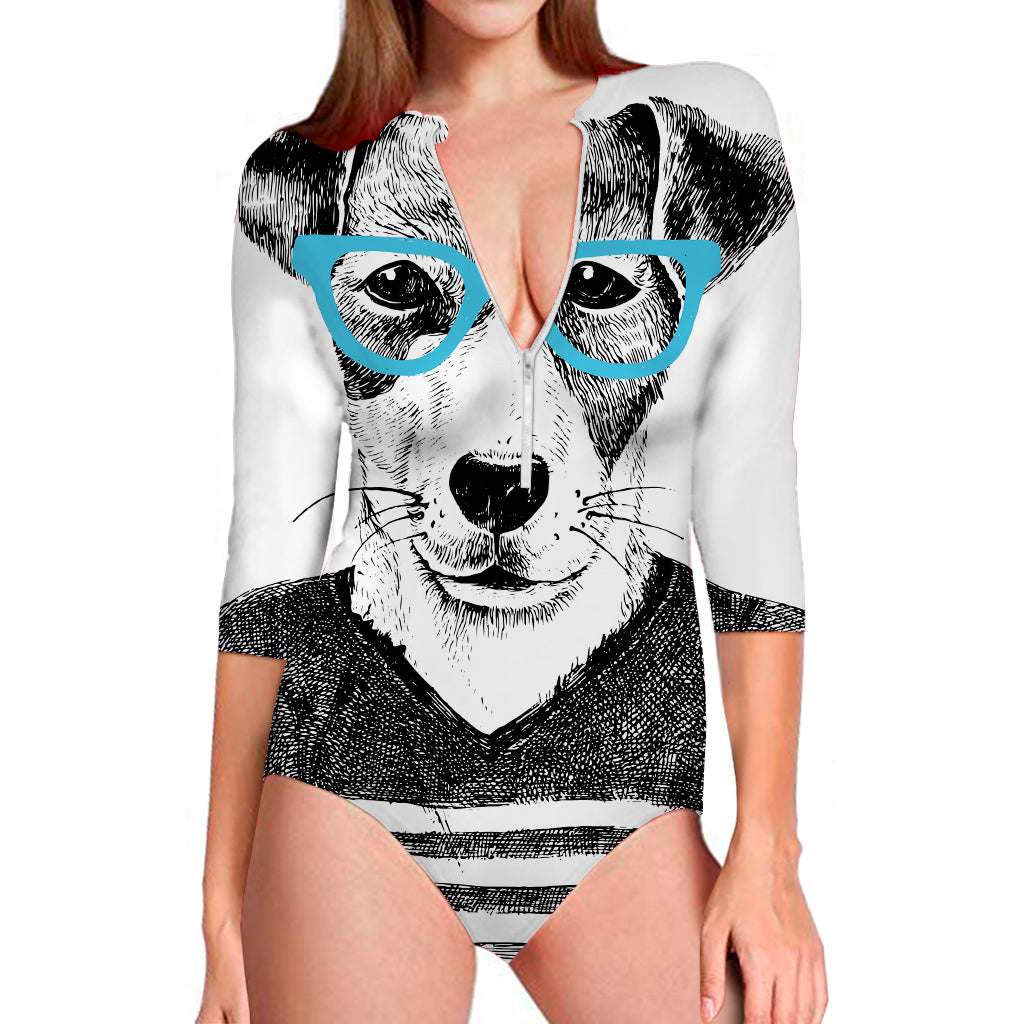 Hipster Jack Russell Terrier Print Long Sleeve Swimsuit