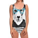 Hipster Jack Russell Terrier Print One Piece Swimsuit
