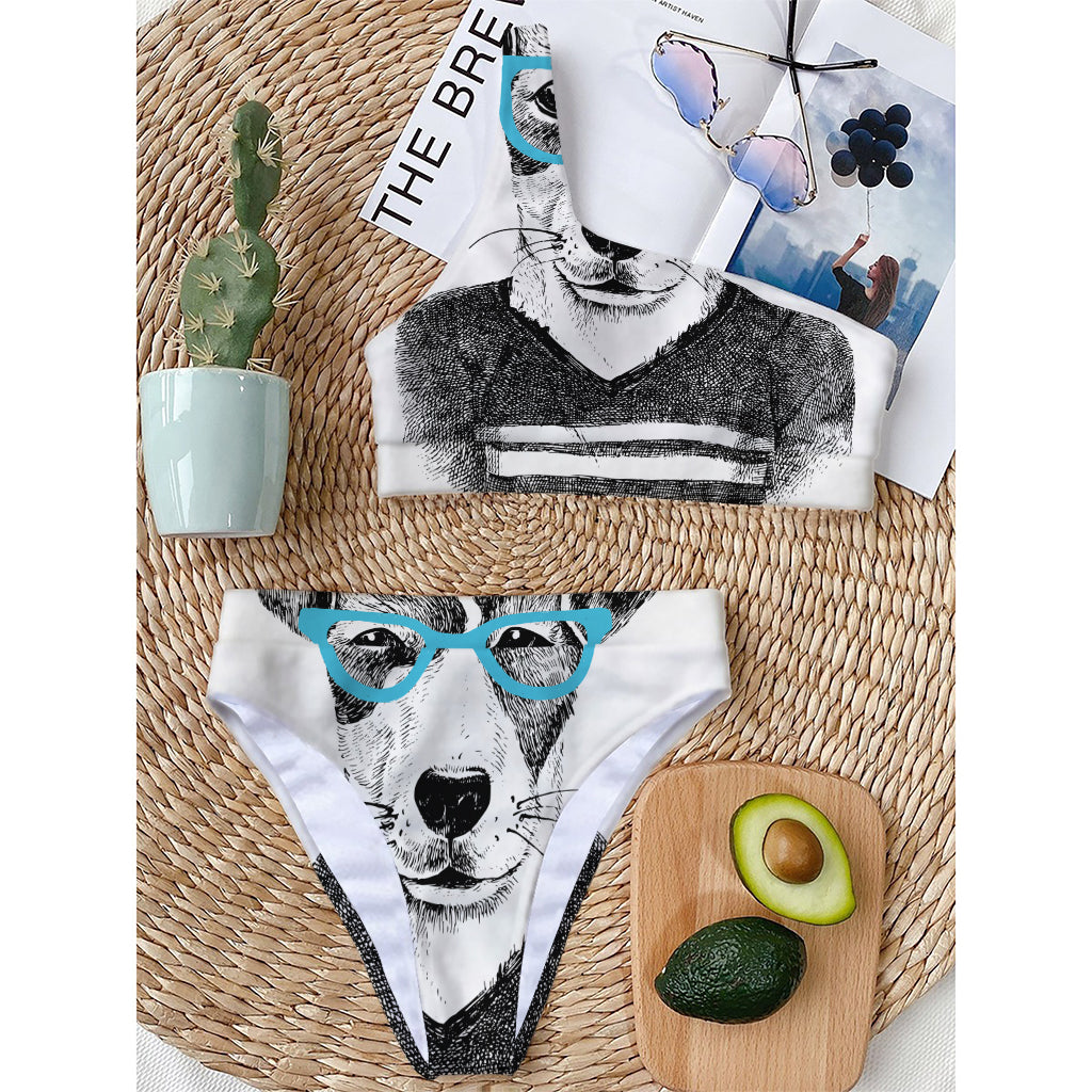 Hipster Jack Russell Terrier Print One Shoulder Bikini Top