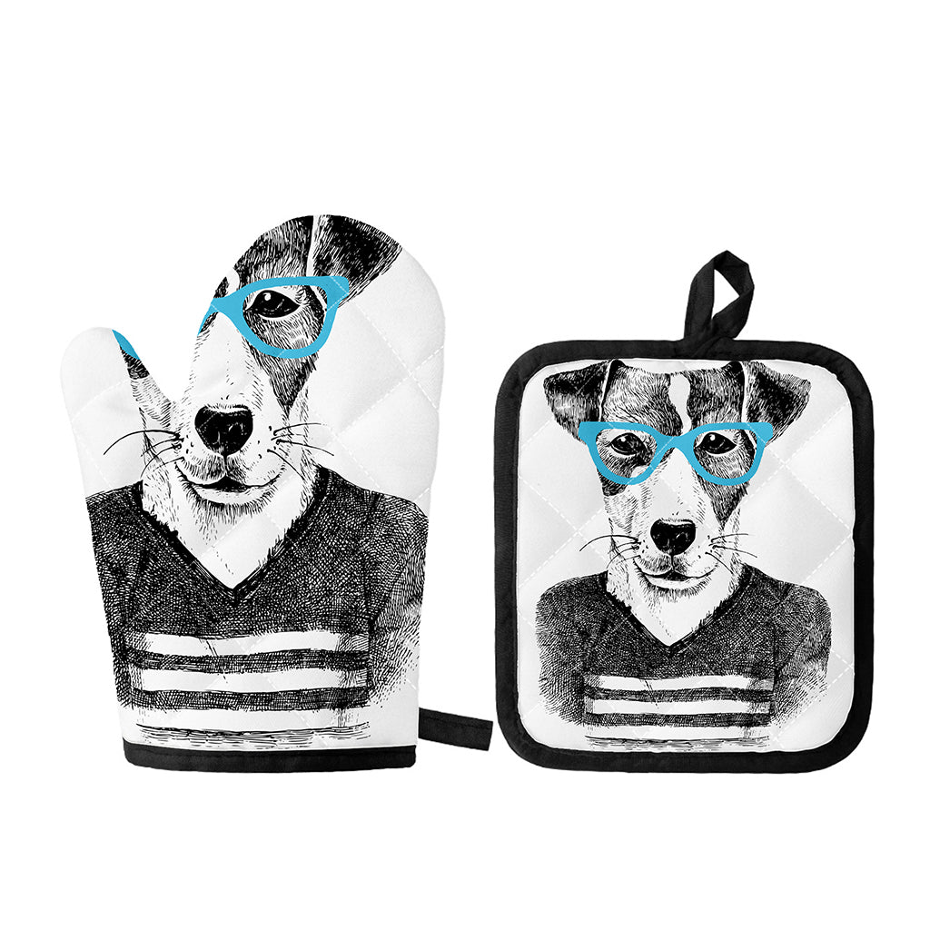 Hipster Jack Russell Terrier Print Oven Mitt And Pot Holder Set