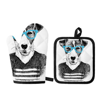 Hipster Jack Russell Terrier Print Oven Mitt And Pot Holder Set