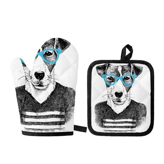 Hipster Jack Russell Terrier Print Oven Mitt And Pot Holder Set