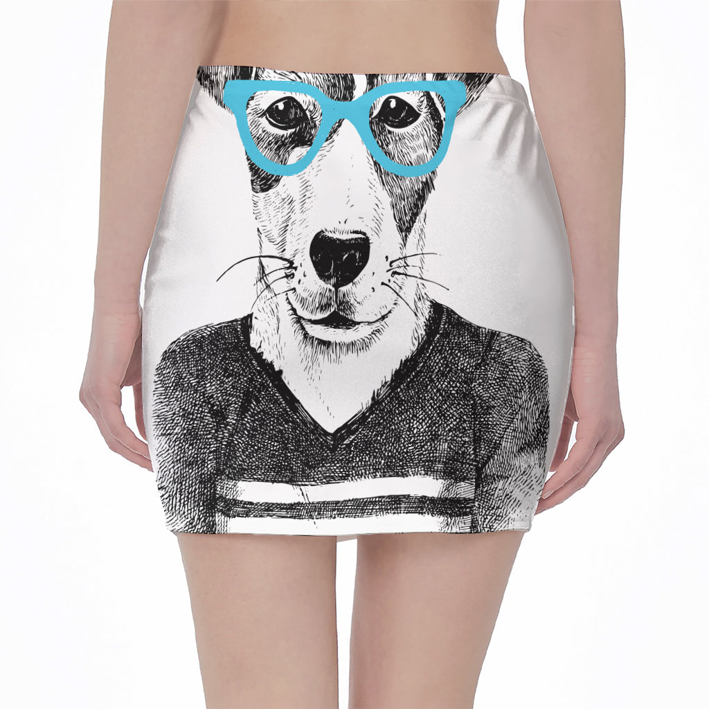 Hipster Jack Russell Terrier Print Pencil Mini Skirt