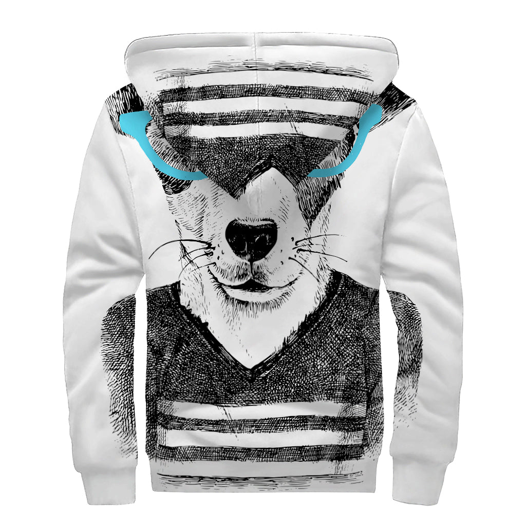 Hipster Jack Russell Terrier Print Sherpa Lined Zip Up Hoodie