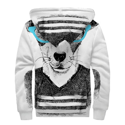 Hipster Jack Russell Terrier Print Sherpa Lined Zip Up Hoodie
