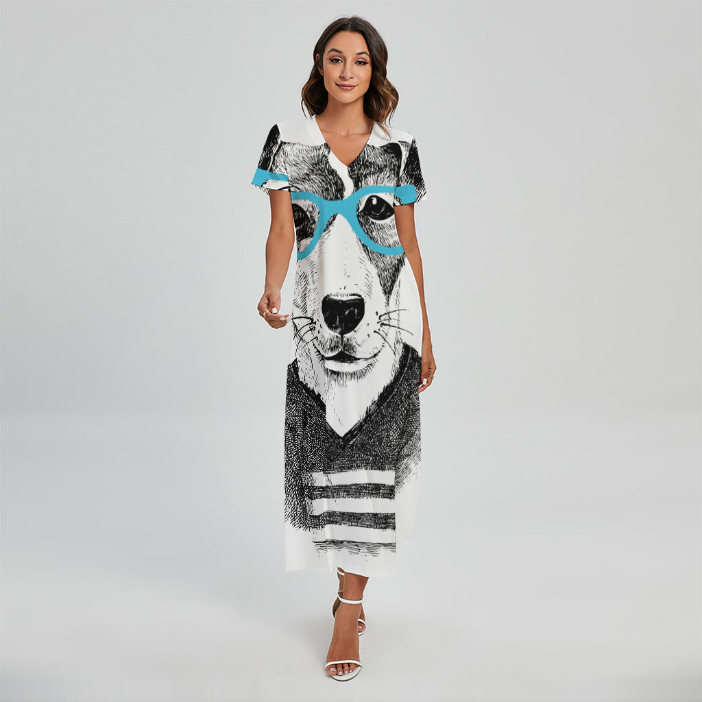 Hipster Jack Russell Terrier Print Short Sleeve Maxi Dress