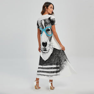 Hipster Jack Russell Terrier Print Short Sleeve Maxi Dress