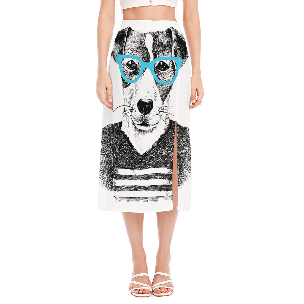 Hipster Jack Russell Terrier Print Side Slit Midi Skirt