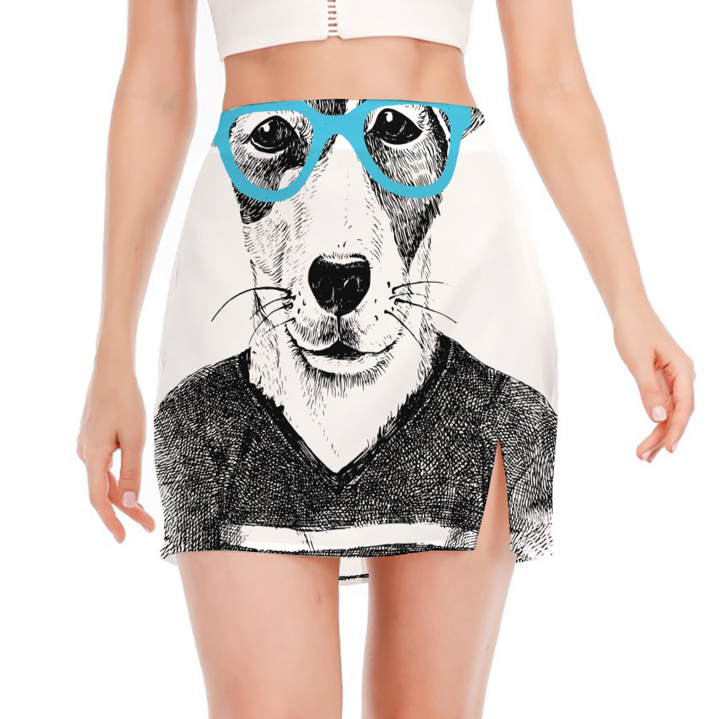 Hipster Jack Russell Terrier Print Side Slit Mini Skirt