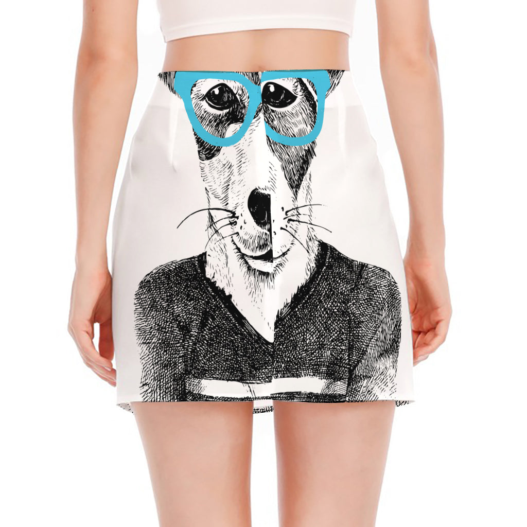 Hipster Jack Russell Terrier Print Side Slit Mini Skirt