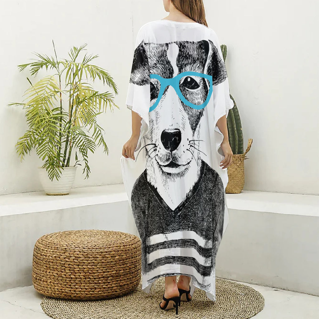 Hipster Jack Russell Terrier Print Silk V-Neck Kaftan Dress