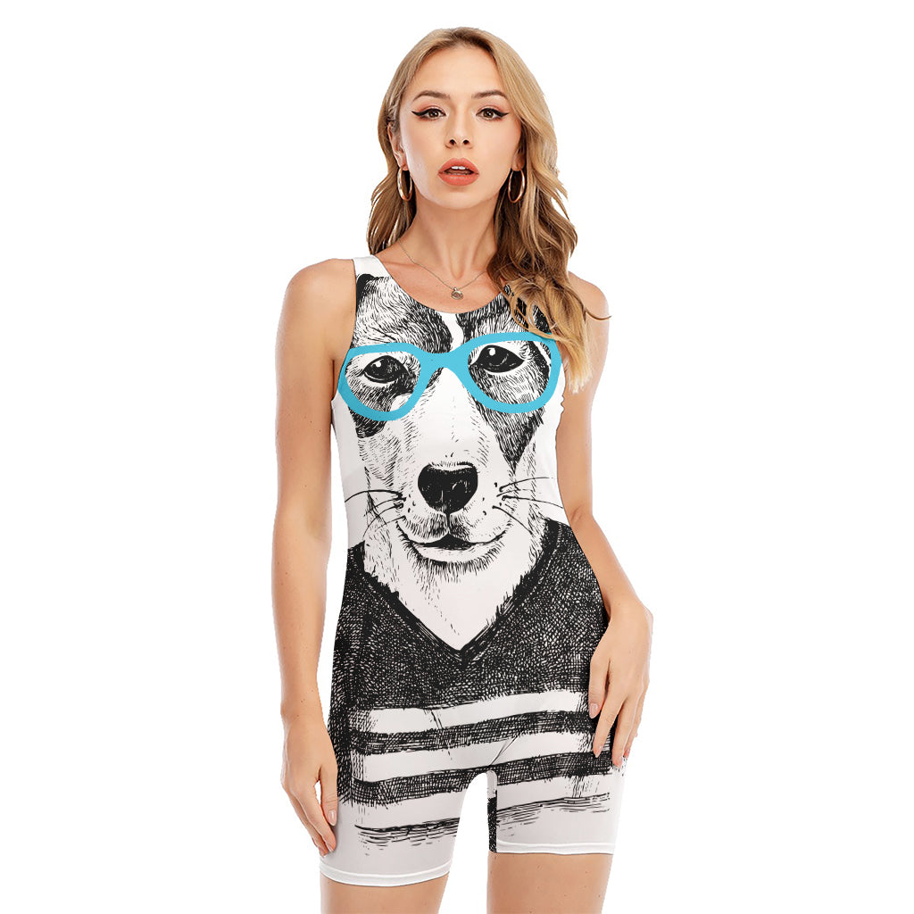 Hipster Jack Russell Terrier Print Sleeveless One Piece Swimsuit