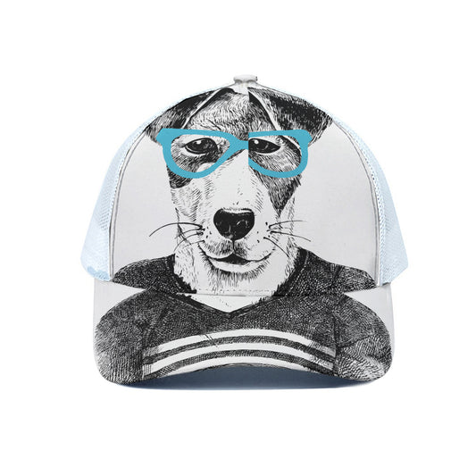 Hipster Jack Russell Terrier Print White Mesh Trucker Cap