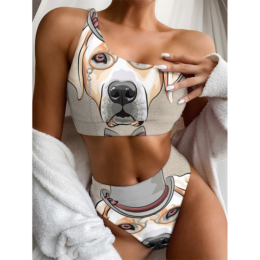 Hipster Labrador Retriever Print One Shoulder Bikini Top