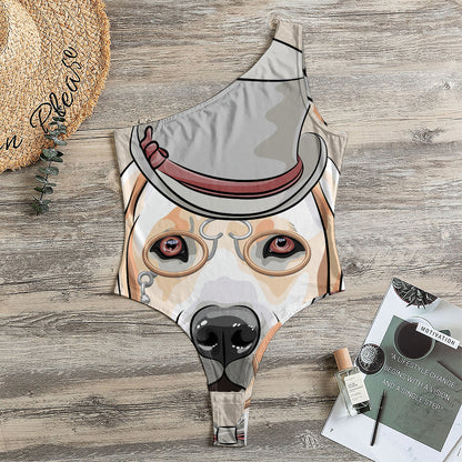 Hipster Labrador Retriever Print One Shoulder Bodysuit