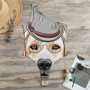 Hipster Labrador Retriever Print One Shoulder Bodysuit