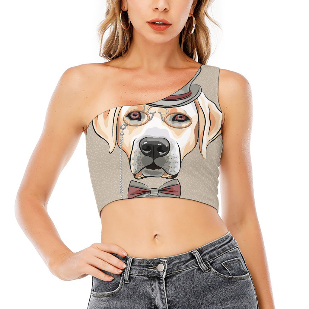 Hipster Labrador Retriever Print One Shoulder Crop Top