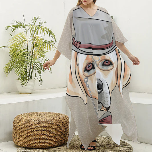Hipster Labrador Retriever Print Silk V-Neck Kaftan Dress