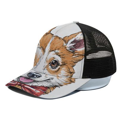 Hipster Pembroke Welsh Corgi Print Black Mesh Trucker Cap