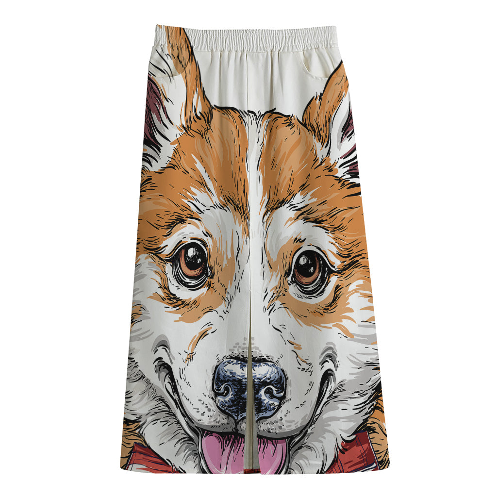 Hipster Pembroke Welsh Corgi Print Cotton Front Slit Maxi Skirt