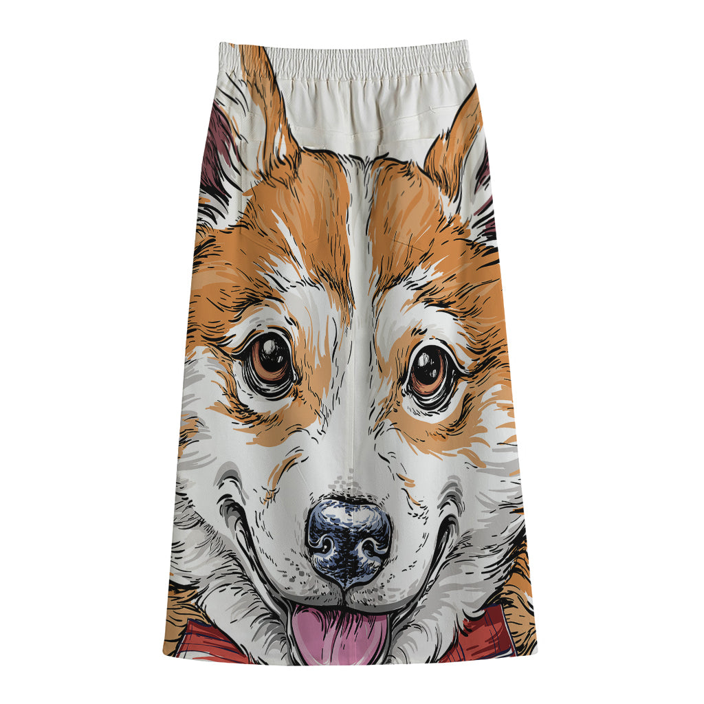 Hipster Pembroke Welsh Corgi Print Cotton Front Slit Maxi Skirt