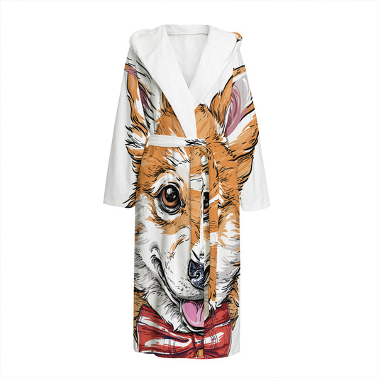 Hipster Pembroke Welsh Corgi Print Hooded Bathrobe