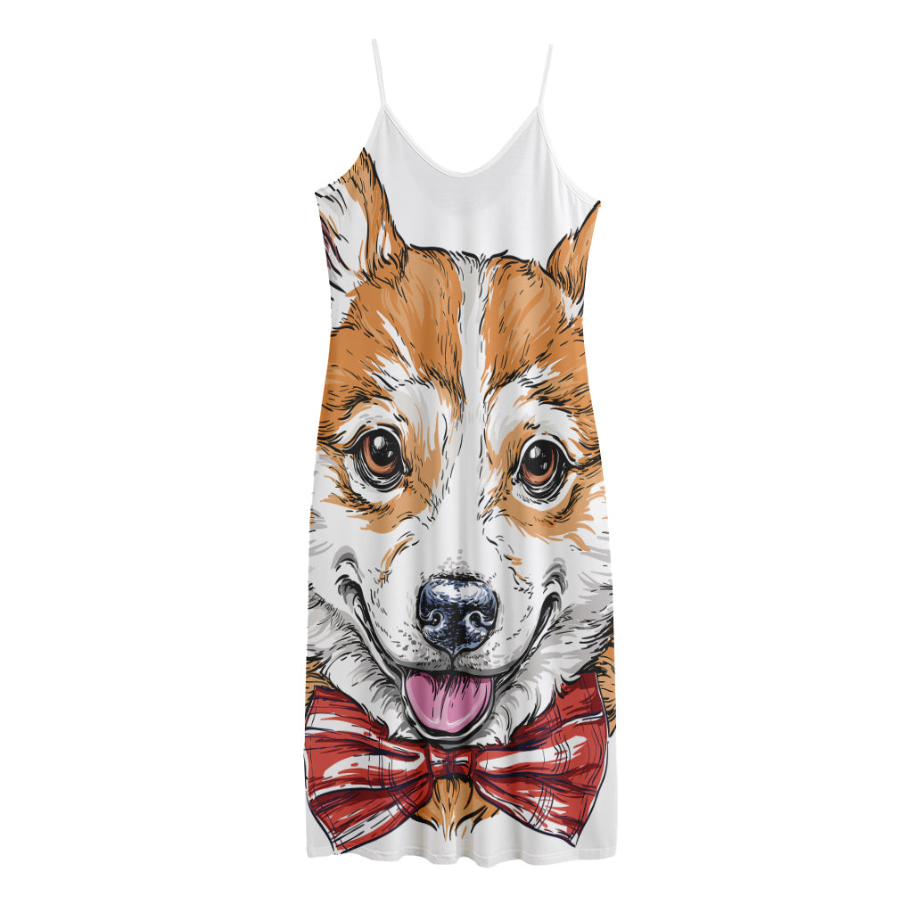 Hipster Pembroke Welsh Corgi Print Jersey Midi Cami Dress