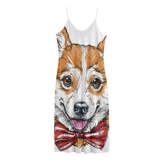 Hipster Pembroke Welsh Corgi Print Jersey Midi Cami Dress